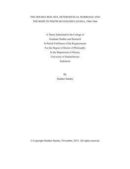 Sex, Heterosexual Marriage and the Body in Postwar English Canada, 1946-1966