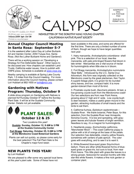 CALYPSO $5.00 Per Year, Non-Members NEWSLETTER of the DOROTHY KING YOUNG CHAPTER Volume 2008 Sept- Oct ‘08 CALIFORNIA NATIVE PLANT SOCIETY