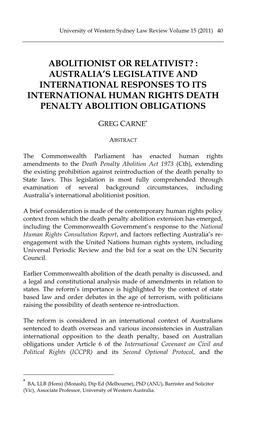 Abolitionist Or Relativist? : Australia’S Legislative and International Responses to Its International Human Rights Death Penalty Abolition Obligations