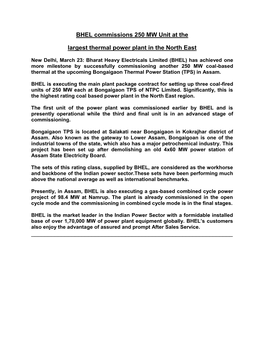 BHEL Commissions 250 MW Unit at the Largest Thermal Power Plant in the North