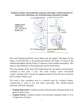 Tropical Cyclones: Storm Divisions; Pressure and Winds; Vertical Structure of Storm Centre; Hurricane, Sea, Swell and Surge; Hurricane Warning