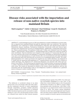 Disease Risks Associated with the Importation and Release of Non-Native Crayfish Species Into Mainland Britain