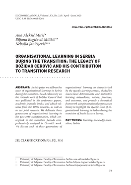 Organisational Learning in Serbia During the Transition: the Legacy of Božidar Cerović and His Contribution to Transition Research