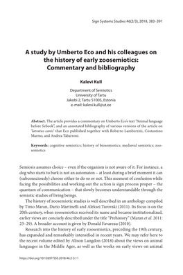 A Study by Umberto Eco and His Colleagues Onsign the Systems History Studies of Early 46(2/3), Zoosemiotics 2018, 383–391 383