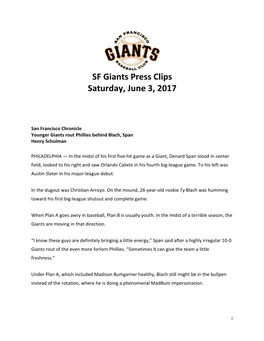 SF Giants Press Clips Saturday, June 3, 2017