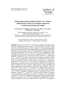 Whole Genome Characterization of Potato Virus Y Isolates Collected in the Western USA and Their Comparison to Isolates from Europe and Canada