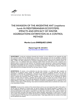 THE INVASION of the ARGENTINE ANT Linepithema Humile in MEDITERRANEAN ECOSYSTEMS: IMPACTS and EFFICACY of WINTER AGGREGATIONS EXTIRPATION AS a CONTROL METHOD