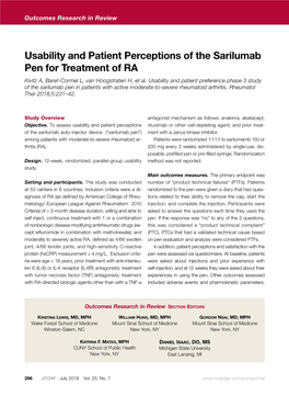 Usability and Patient Perceptions of the Sarilumab Pen for Treatment of RA Kivitz A, Baret-Cormel L, Van Hoogstraten H, Et Al