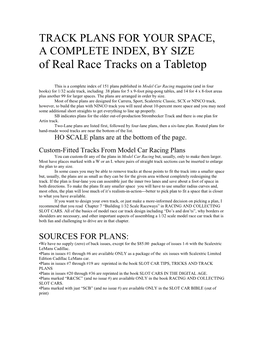 TRACK PLANS for YOUR SPACE, a COMPLETE INDEX, by SIZE of Real Race Tracks on a Tabletop