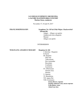 SAN DIEGO SYMPHONY ORCHESTRA a JACOBS MASTERWORKS CONCERT Markus Stenz, Conductor November 17, 18 and 19, 2017 FRANZ JOSEPH HAYD