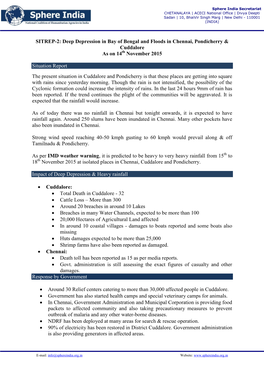 SITREP-2: Deep Depression in Bay of Bengal and Floods in Chennai, Pondicherry & Cuddalore As on 14Th November 2015