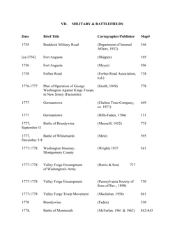 VII. Military and Battlefields (French and Indian War, Revolutionary War, Civil War)