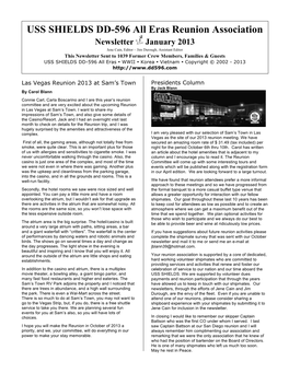 USS SHIELDS DD-596 All Eras Reunion Association Newsletter January 2013