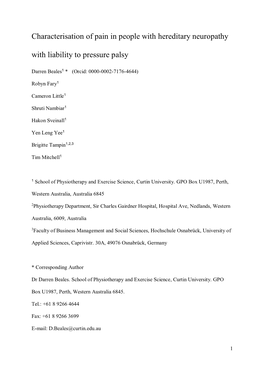 Characterisation of Pain in People with Hereditary Neuropathy with Liability to Pressure Palsy