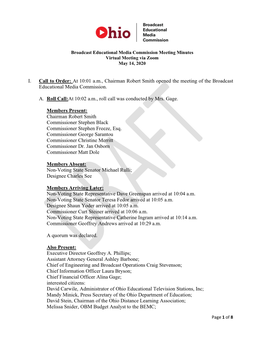 I. Call to Order: at 10:01 A.M., Chairman Robert Smith Opened the Meeting of the Broadcast Educational Media Commission