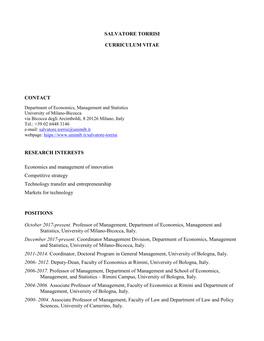 SALVATORE TORRISI CURRICULUM VITAE CONTACT RESEARCH INTERESTS Economics and Management of Innovation Competitive Strategy Techn