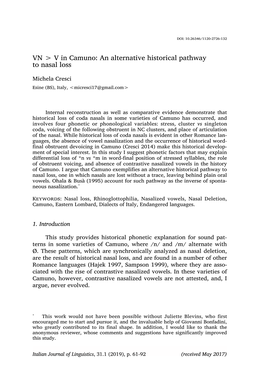 VN > V in Camuno: an Alternative Historical Pathway to Nasal Loss