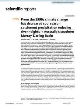 From the 1990S Climate Change Has Decreased Cool Season Catchment Precipitation Reducing River Heights in Australia’S Southern Murray‑Darling Basin Milton S