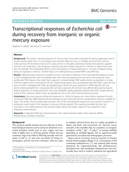 Transcriptional Responses of Escherichia Coli During Recovery from Inorganic Or Organic Mercury Exposure Stephen P