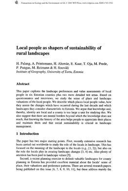 Local People As Shapers of Sustainability of Rural Landscapes