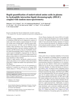 Rapid Quantification of Underivatized Amino Acids in Plasma by Hydrophilic Interaction Liquid Chromatography (HILIC) Coupled with Tandem Mass-Spectrometry