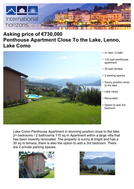 Asking Price of €730,000 Penthouse Apartment Close to the Lake, Lenno, Lake Como