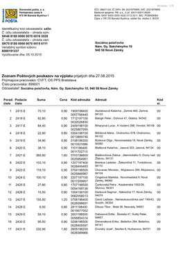 Zoznam Poštových Poukazov Na Výplatu Prijatých Dňa 27.08.2015