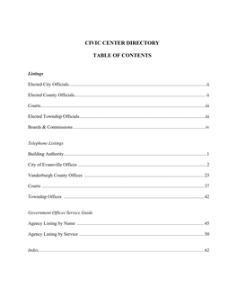 Civic Center Directory Table of Contents