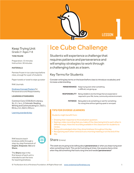 Ice Cube Challenge Grade 2 • Ages 7-8 TIME FRAME Students Will Experience a Challenge That