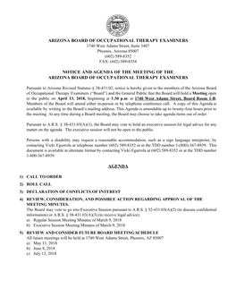 Agenda of the Meeting of the Arizona Board of Occupational Therapy Examiners