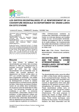 Les Entites Decentralisees Et Le Renforcement De La Couverture Medicale Du Departement De Grand-Lahou En Cote D’Ivoire