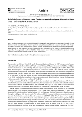 Spiralothelphusa Gibberosa, a New Freshwater Crab (Brachyura: Gecarcinucidae) from Thrissur District, Kerala, India