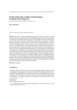 On the Claim That a Table-Lookup Program Could Pass the Turing Test to Appear, Minds and Machines