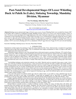 Post-Natal Developmental Stages of Lesser Whistling Duck at Paleik in (Lake), Sinkaing Township, Mandalay Division, Myanmar