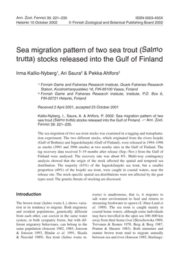 Sea Migration Pattern of Two Sea Trout (Salmo Trutta) Stocks Released Into the Gulf of Finland