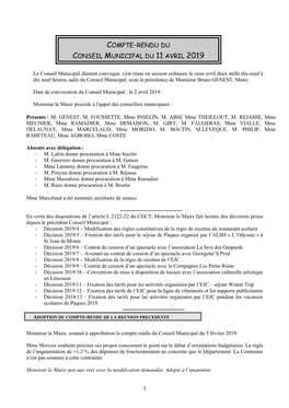 Compte-Rendu Du Conseil Municipal Du 11 Avril 2019