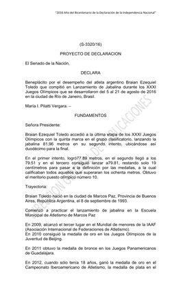 PROYECTO DE DECLARACION El Senado De La Nación, DECLARA Beneplácito Por El Desempeño Del Atleta Argentino Braian