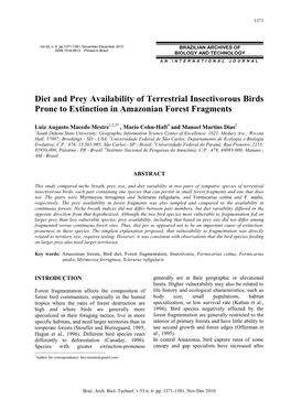 Diet and Prey Availability of Terrestrial Insectivorous Birds Prone to Extinction in Amazonian Forest Fragments