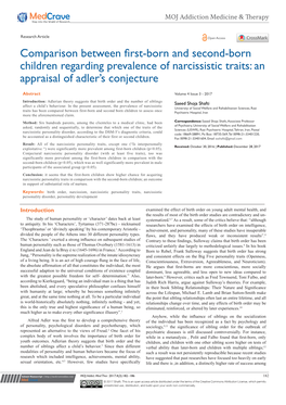 Comparison Between First-Born and Second-Born Children Regarding Prevalence of Narcissistic Traits: an Appraisal of Adler’S Conjecture