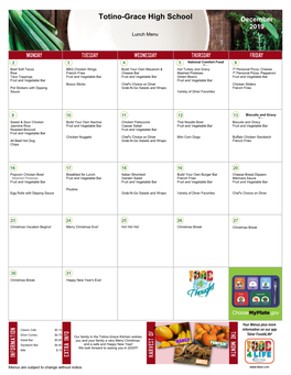 Totino-Grace High School December 2019 Lunch Menu