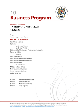 LEGISLATIVE COUNCIL THURSDAY, 27 MAY 2021 10.00Am