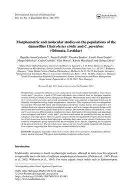 Morphometric and Molecular Studies on the Populations of the Damselﬂies Chalcolestes Viridis and C