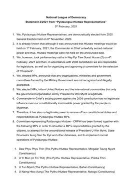 National League of Democracy Statement 2/2021 from “Pyidaungsu Hluttaw Representatives” 5Th February, 2021