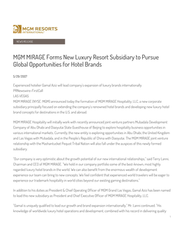 MGM MIRAGE Forms New Luxury Resort Subsidiary to Pursue Global Opportunities for Hotel Brands