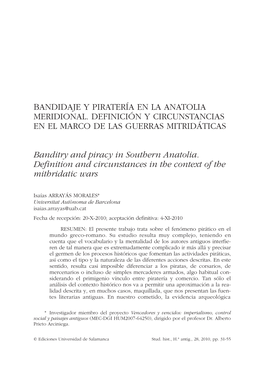 Bandidaje Y Piratería En La Anatolia Meridional. Definición Y Circunstancias En El Marco De Las Guerras Mitridáticas