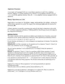 Algebraic Structure Binary Operation on a Set OPERATIONS