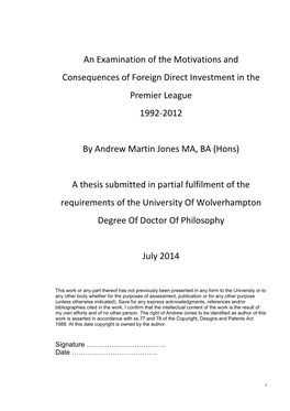 An Examination of the Motivations and Consequences of Foreign Direct Investment in the Premier League 1992-2012