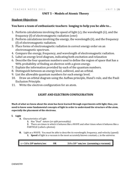 UNIT 5 – Models of Atomic Theory Student Objectives You Have A