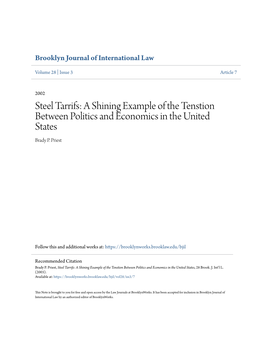 Steel Tarrifs: a Shining Example of the Tenstion Between Politics and Economics in the United States Brady P