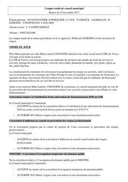 Compte Rendu De Conseil Municipal Séance Du 23 Novembre 2017 Etaient Présents : H VANYSACKER, D.PORQUIER, C CAVE, N LEROUX